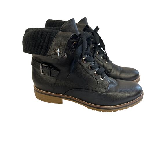 Tommy Hilfigure womens black leather ankle fold over top knit boots size 10 M - Picture 1 of 9